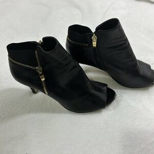 Marc Fisher Serenity Peep Toe Leather Booties Black Women’s 8.5 Gold Hardware